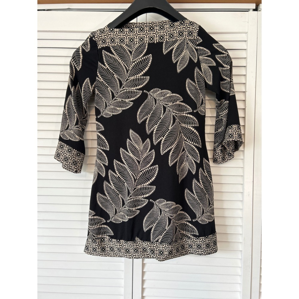 New Directions Women's Black Beige Leaf Print 3/4 Sleeve Mini‎ Dress Size S